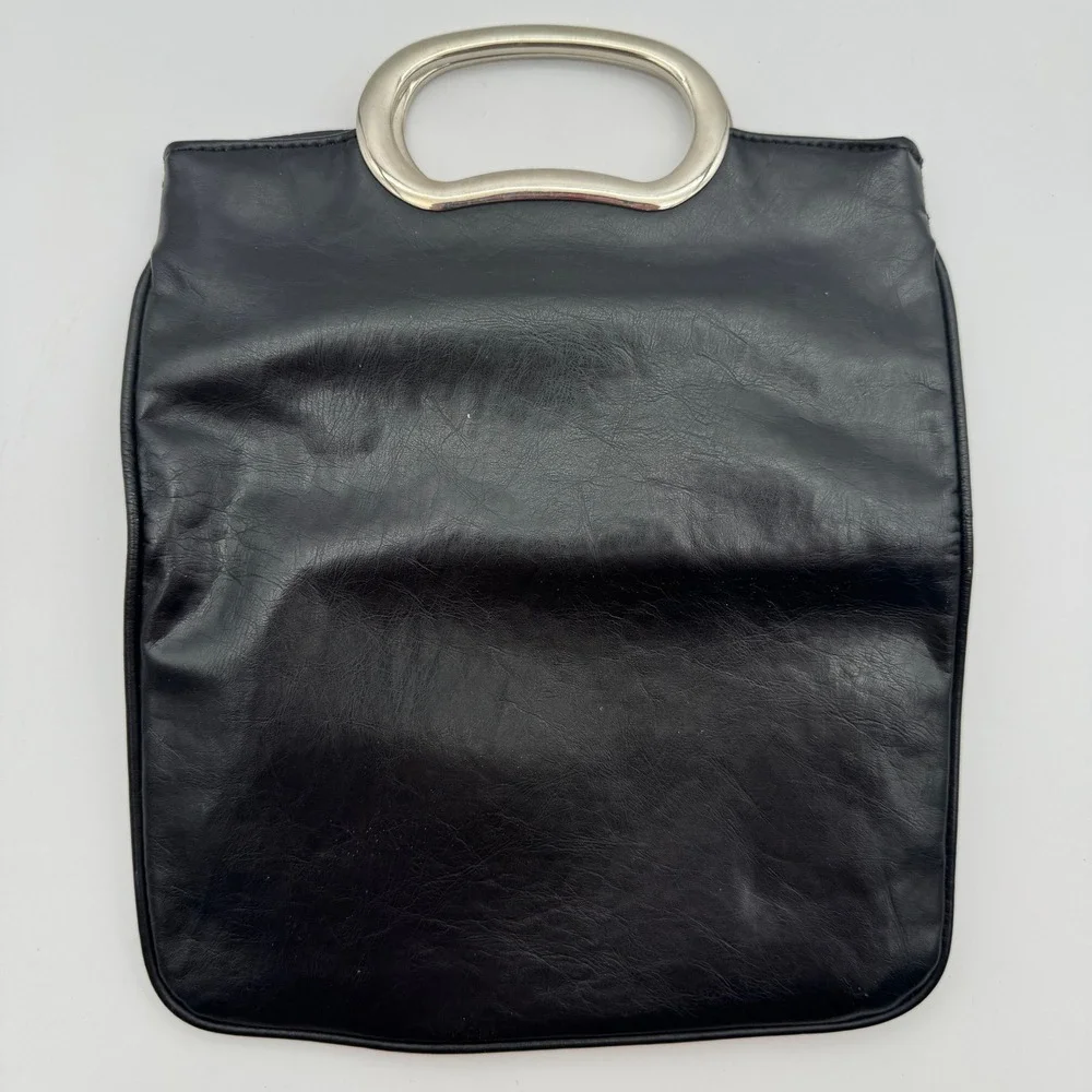 Black Faux Leather Clutch‎ Handbag Silver Handle Purse Vintage Style Tote Bag